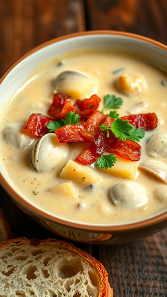 A bowl of clam chowder with bacon and parsley, served with bread on a wooden table.